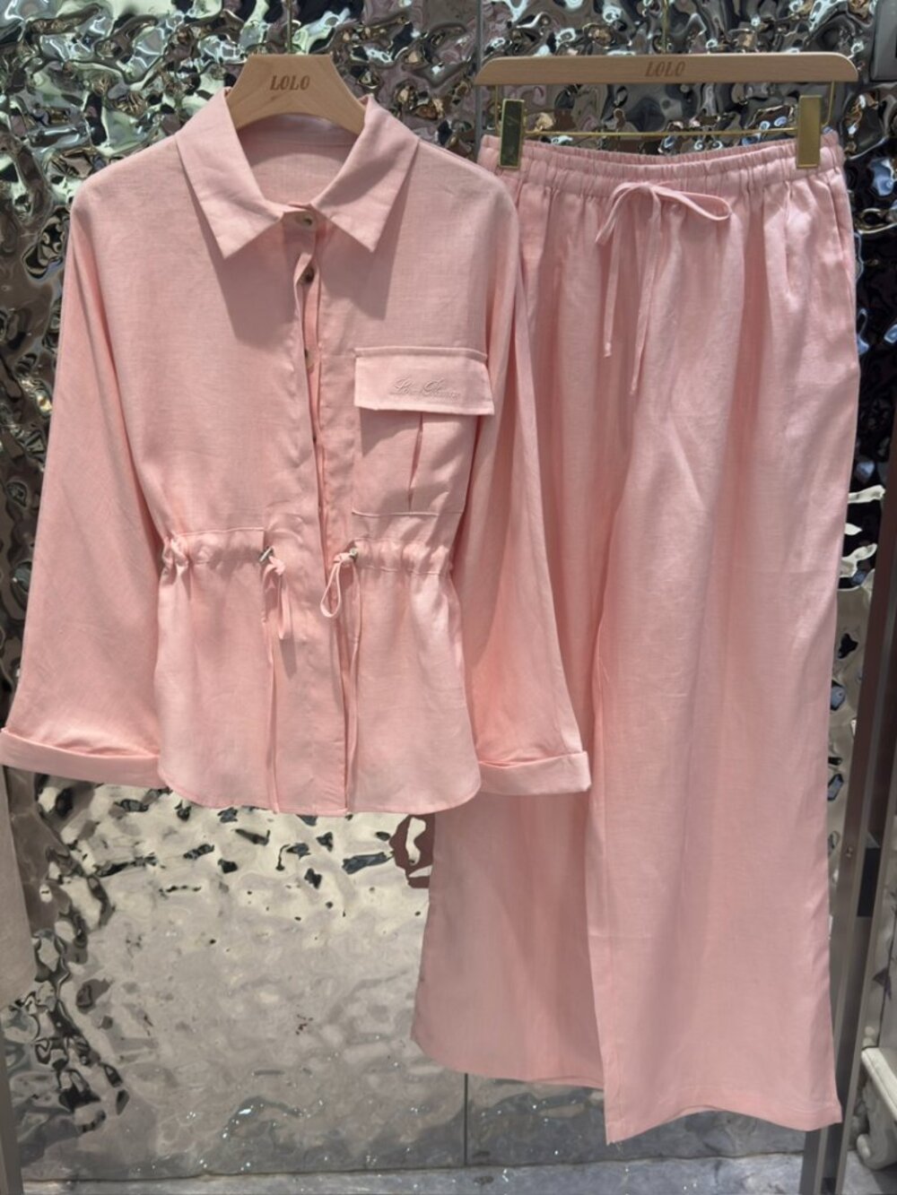 Loro Piana Pink Linen Cinched Shirt + Wide Leg Pants Set